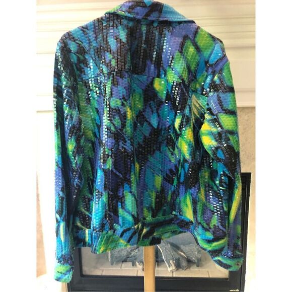 Notations Women’s Blue and Green Square Print Shiny Button Up Jacket Size XL - Picture 4 of 9